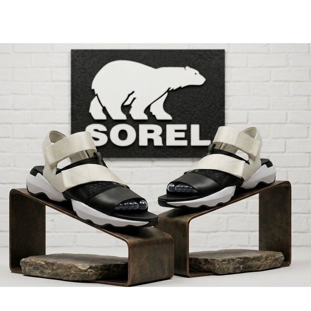 Sorel Kinetic Impact Slingback scallop Sandals Black white Sporty Platform